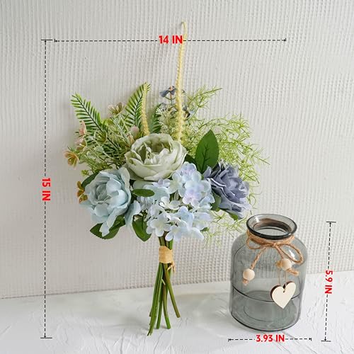 LUEUR Fake Flowers with Vase, Artificial Blue Dahlia & Rose Arrangement, Spring Floral Centerpiece for Dining Table, Coffee Table & Farmhouse Home Decor Spring Decorations - color: Blue & Green