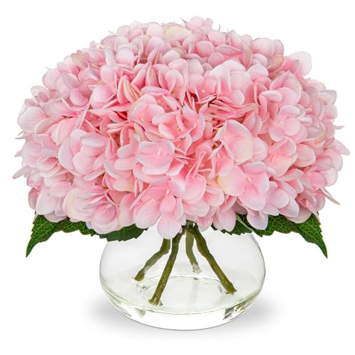 Hollyone Pink Hydrangea Artificial Flowers with Glass Vase Silk Faux Flowers Arrangements with Clear Faux Water Fake Floral Bulk Bouquet for Home Decor Table Centerpiece Decorations - color: Hydrangea, Pink