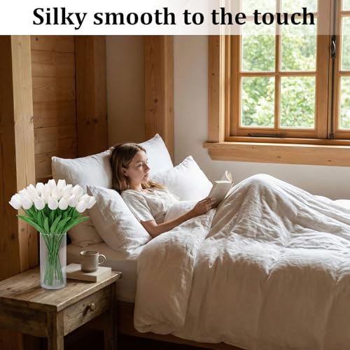20pcs White Tulips Artificial Flowers Flores Artificiales para Decoracion,Real Touch Fake Tulips for Mother's Day Thanksgiving Easter and Christmas Decorations Wedding Office Home Decor