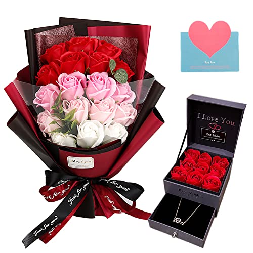 EIGHTOWN Roses Bouquet Artificial Flower - Preserved Red Rose Flowers with Love Necklace for Her - Unique Gifts Valentine's Day, Mother's Day, Thanksgiving, Birthday, Anniversary - color: Pink and Red