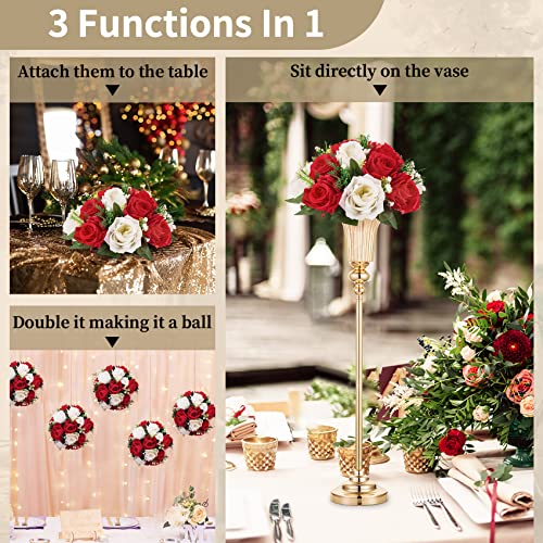 NUPTIO Pcs of 6 Fake Flower Ball Arrangement Bouquet,15 Heads Plastic Roses with Base, Suitable for Our Store's Wedding Centerpiece Flower Rack for Parties Valentine's Day Home Décor (Red & White) | 6 Pcs Artificial Flower Arrangements for Wedding Party C