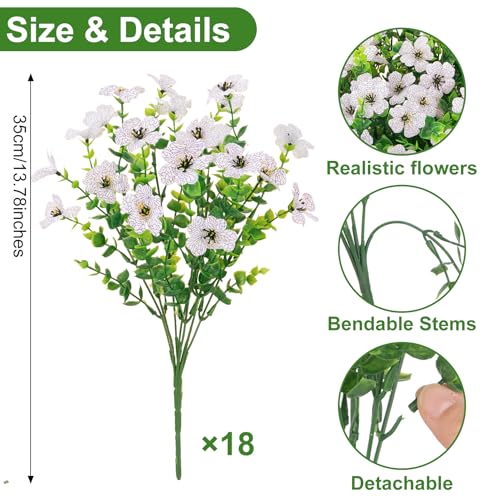 Roberly Artificial Flowers for Outdoors, UV Resistant Silk Faux Flowers Daisy with Eucalyptus Greenery Stems Fake Plastic Plants for Spring Summer Patio Garden Home Decor, 18 Bundles, White - color: White