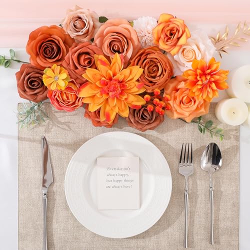 Floweroyal Artificial Flowers Fake Rose Flowers Dahlia with Stems for DIY Wedding Bridal Bouquets, Baby Shower, Floral Arrangement, Table Centerpieces, Home Decorations - color: Orange Fall Sundown