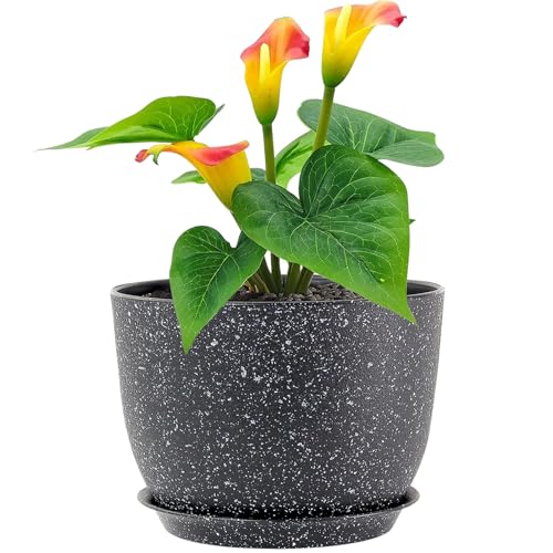 Meowell 12 inch Big Plant Pots, Plastic Planters with Drainage Holes and Trays, Large Flower Pots for Indoor Outdoor Plants, Modern Decorative Pots for Garden House Plants, Speckled Black - color: Speckled Black, size: 12inch C