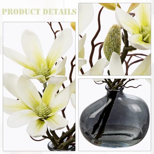 Briful 2PACK Artificial Magnolia Flowers with Grey Glass Vase, Small Faux Magnolia Arrangement Realistic Silk Flowers for Elegant Home Table Shelf Bathroom Decor - color: Yellow Green