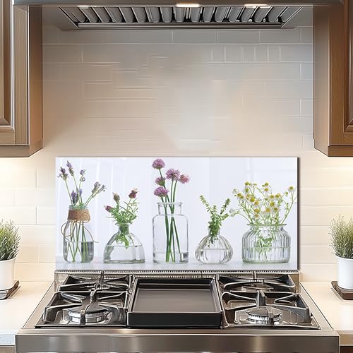 DAIFURONGE Tempered Glass Backsplash for Kitchen,Flowers and Vase, 30"x14" | Behind Stove Back Splash Panel Protector, Easy to Clean, Kitchen Wall Decor,One Piece Oven and Range Backsplash - size: 30"L x 14"W