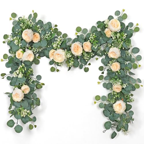 Artificial Flower Garlands Eucalyptus Garlands with Flowers Rose Peony Flower Vine Faux Floral Garland for Wedding Party Arch Table Wall Backdrop Decoration (Champagne, 2PCS) - color: Champagne, size: 2PCS