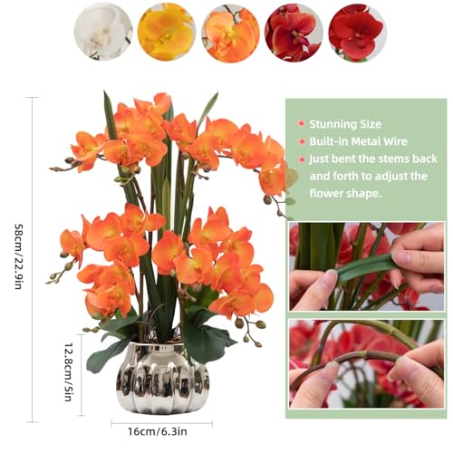 CXGS Artificial Orchid Flower Real Touch Faux Orchids in Ceramic Vase Large 22.9'' Fake Flowers Orange Phalaenopsis Floral for Home Indoor Decor - color: Orange- Silver (Large Pot)