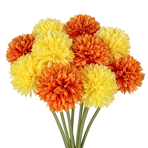 12pcs Yellow Orange Artificial Flowers Fake Flowers Silk Artificial Chrysanthemum Ball Hydrangea Bridal Wedding Bouquet for Home Garden Party Decor (Yellow,Orange) - color: Yellow,orange