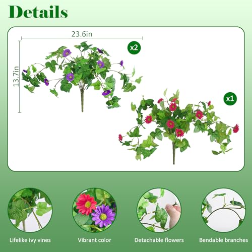 Krissing 3 Pcs Artificial Flowers for Outdoors UV Resistant, Fake Greenery Plants with Daisy Flowers for Outside Planters Porch Window Box Home Decor (Purple, Red) - color: Purple+hot Pink, size: 3
