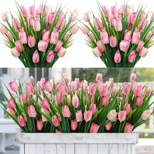 12 Bundles 60 Heads Artificial Tulips Fake Flowers Outdoor UV Resistant Silk Tulip Faux Plastic Greenery Shrubs Plants for Outside Planter Porch Garden Patio Decor (Pink) - color: Pink