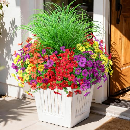 INQCMY Artificial Flowers for Outdoors UV Resistant, 14 Bundles Fake Plants Realistic Silk Flowers with Faux Ferns for Outside Planters Home Porch Patio Garden Back Yard Spring Summer Decoration - color: Light Purple Orange Yellow Red