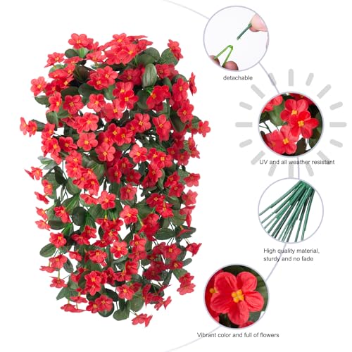 HyeFlora Artificial Fake Hanging Plants Flowers for Outdoor Outside Spring Decoration, 2 PCS Faux Silk Daisy Red Orchid Vines UV Resistant Realistic for Home Indoor Porch Patio Balcony - color: Red