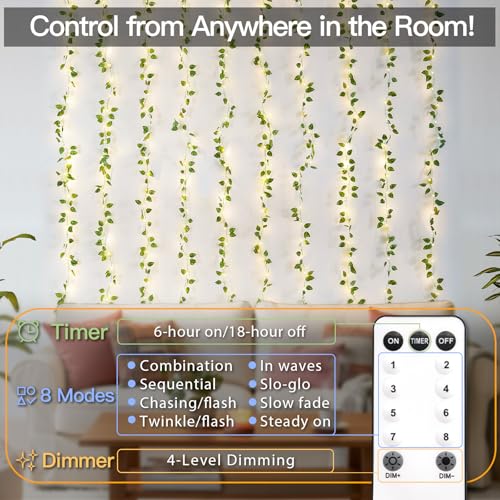 suddus 300 LED Vines with Lights Plug in, 9.8ft x 9.8ft Fairy Lights with Vines, Pothos Curtain Lights for Wall, Bedroom, Dorm, Wedding, Party, Indoor, Outdoor Decor(Warm White) - color: Pothos, size: Plug In-300Led