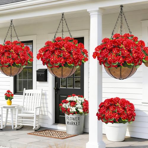 8 Bundles Artificial Geraniums Flowers for Outdoors Summer Decor, Fake Cemetery Flowers Silk Red Flower UV Resistant No Fade Faux Plants for Hanging Porch Garden Home Planter Patio Cemetery Decor - color: Red