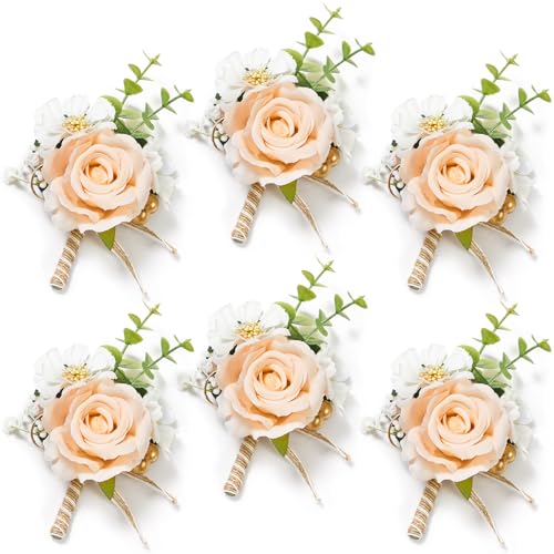 Serwalin 6PCS Champagne Rose Boutonniere for Men Wedding Groom Groomsmen Best Man Boutonniere for Wedding Ceremony Anniversary Prom Flowers Formal Dinner Party - color: Champagne, size: Boutonniere 6pcs