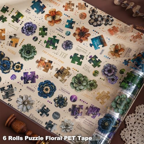 6-Roll Puzzle Piece Floral PET Tape Set – Pre-Cut Transparent Vintage Collage Flower Stickers for Scrapbooks Journals Planners Cards & DIY Craft Decoration - style: Floral Fragment