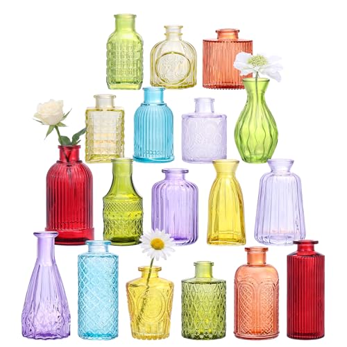 18 Pack Colorful Glass Bud Vase Set, Small Colored Vintage Vases for Centerpieces, Decorative Flower Vases for Wedding Home Table Decor - color: Colorful, size: 18pcs