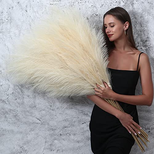 8 Pcs 45 inch Tall Faux Pampas Grass Decor, Large Artificial Beige Pompous Grass Bulk, Long Fake Pompas for Floor Vase Filler, Wedding, Baby Shower, Home and Boho Decor (Beige) - color: Beige