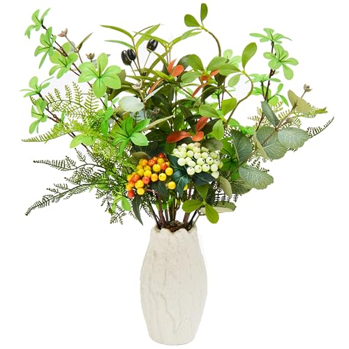 K&Y Realistic Artificial Potted Plants Olive Wild Fern Berry Decor Low Maintenance Faux Greenery Indoor Fake Plants for Home Office Bathroom Kitchen Desk Shelf No Watering Needed (White Vase) - color: White Vase