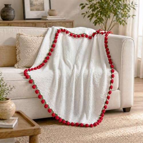 Crochet Flower Bouquet Throw Blanket, Cute Romantic Gift for Her Girlfriend Mom Mother’s Day Valentine Wedding Anniversary Birthday (Red, 60 inches) - color: Red, size: 60 inches