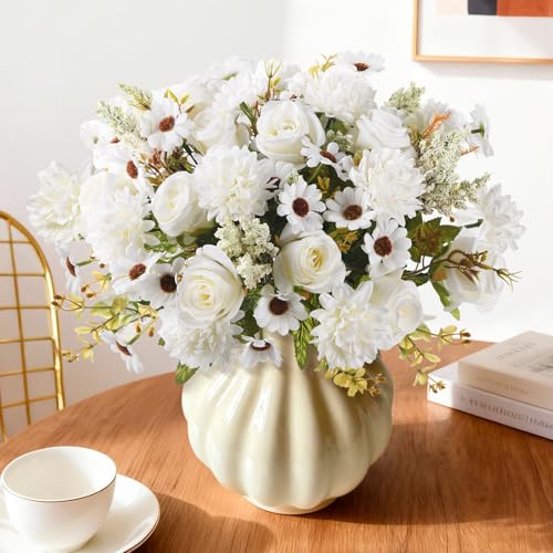 Artificial Fake Flowers for Spring Decoration, 4 Pcs Faux Silk Flower Arrangements Centerpiece for table with Chrysanthemum Rose Daisy Floral Bouquets Office Wedding Patio Porch Indoor Home Decor - color: White