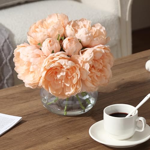 Champagne Peonies Artificial Flowers in Vase, Silk Faux Peony Fake Flower Arrangements with Glass Vase and Faux Water for Home Decor Wedding Bouquets Table Centerpieces, Set of 7 - color: Peony Vase With Faux Water, size: Champagne
