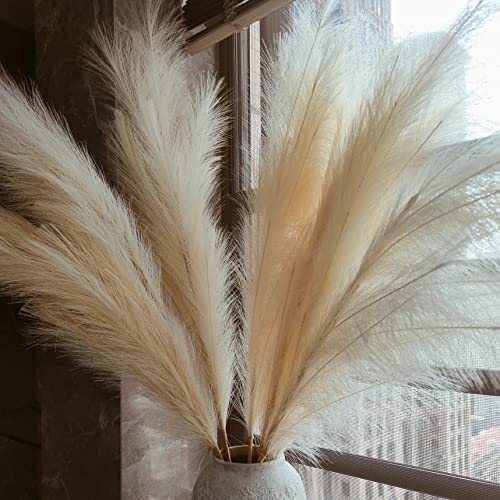Premium Faux Beige Pampas Grass Decor – Cream Pampa 43.3″ 8pcsTall Fluffy Feather Flowers, No Assembly 18-Branch One-Piece Stems for Floor Vase, Boho Wedding & Neutral Home Decor (8pcs 110cm) - color: Faux Beige, size: 8pcs 43.3"(110cm)