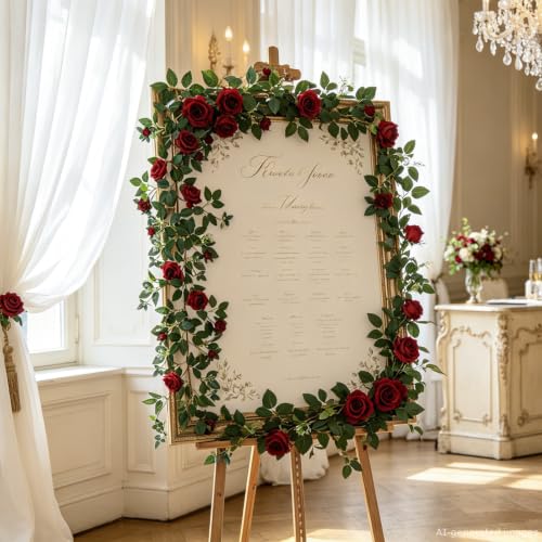 2 Pack 11.2 Ft Artificial Flower Garland with White Roses, Realistic Fake Greenery Vines with 17 Roses Flowers for Wedding Table Centerpieces Arch Party Ceremony Backdrop Decor (Dark Red) - color: Dark Red