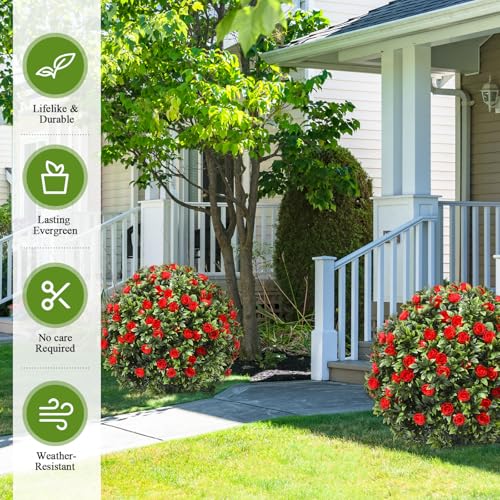 Lunmon 2 Pack 24" Artificial Topiary Ball Plants Trees with Flowers, Outdoor Fake Topiary Plants with Ground Spike, UV Resistant Faux Bushes for Indoor Outdoor Front Door Decor(Red,Rose) - color: Red, style: Rose