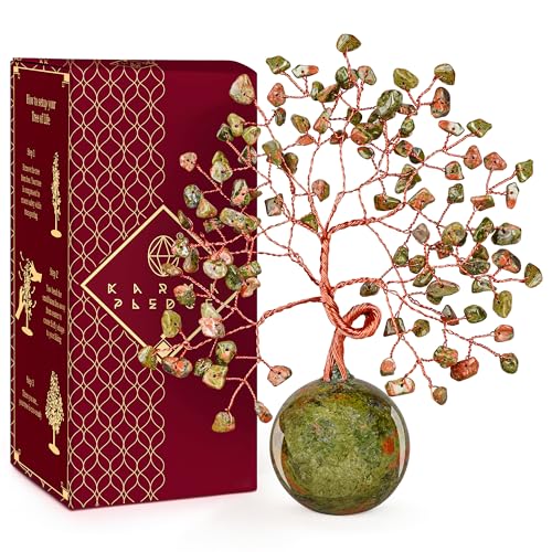 Crystal Tree of Life Birthday Gifts for Women, Handmade Home Decor, Office, Room Decoration, Unakite Healing Crystal Chakra Tree for Money, Positivity, Reiki, Good Luck Gifts for Her, Mom & Dad - color: Ball Base Unakite Crystal Tree