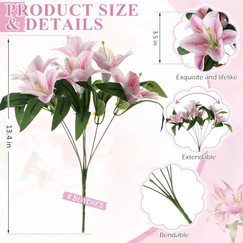 Giegxin 8 Pcs Artificial Tiger Lily Bouquets, Silk Faux Easter Lilies with 7 Heads, Realistic Spring Flowers for Wedding Centerpieces, Home Vase Decor, Party & Event Arrangements (Pink) - color: Pink