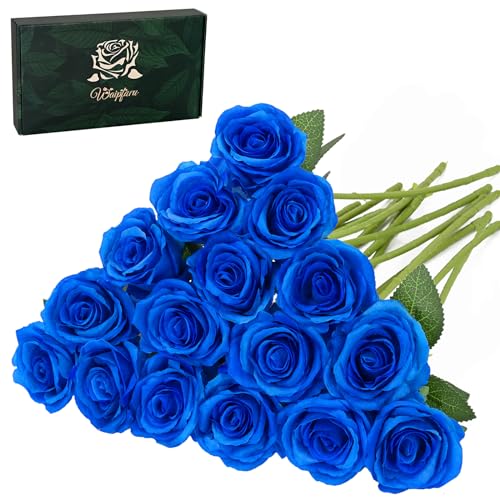 Waipfaru 16 Pcs Blue Roses Artificial Flowers, Fake Silk Roses with Long Stems, Faux Flowers for Independence Day Wedding Bouquet Centerpiece 4th of July Patriotic Decor (Royal Blue) - color: Royal Blue, size: 16 Pcs