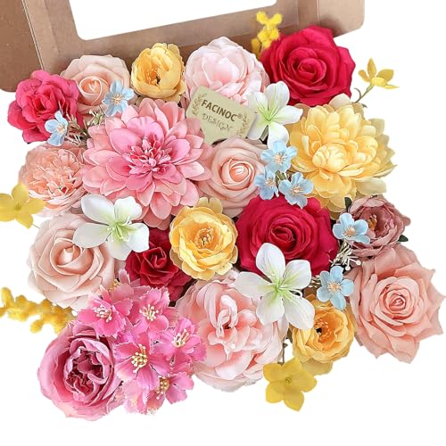 FACINOC Roses Artificial Flowers Pink Yellow Fake Flower Bulk for Easter Spring Wreath DIY Wedding Bouquet Bridal Baby Shower Party Table Centerpiece Home Decorations Silk Floral Arrangements Fuchsia - color: Fuchsia Pink, Yellow