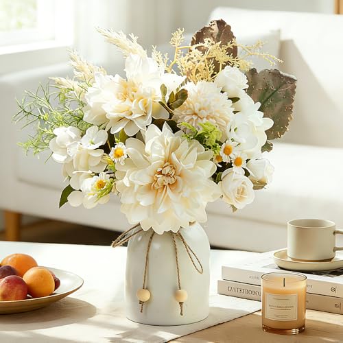 Fake Flowers with Vase Silk Dahlia Artificial Flowers in Vase Faux Hydrangea Flowers Arrangements with Vase for Home Office Decoration Dining Table Centerpiece (White) - color: White