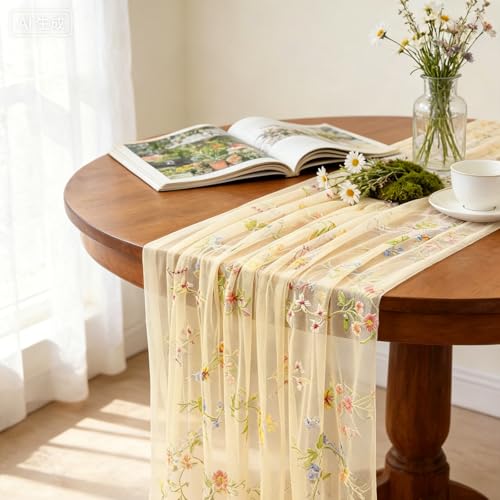 Champagne Floral Table Runner 10ft Embroidery Tulle Spring Wildflower Table Runner Seasonal Summer Butterfly Kitchen Dining Gauze Decoration for Baby Shower Wedding Party Birthday (1 Pcs) - color: Yellow