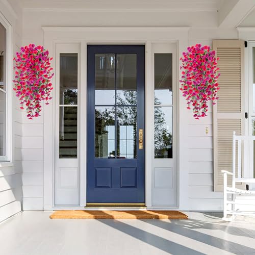 Artificial Hanging Petunias Flowers for Outdoor, 2pcs Fake Plants Long Vine Morning Glory Eucalyptus, UV Resistant Realistic Faux Greenery Outside Patio Porch Garden Spring Decor, Purple Hot Pink - color: Hot Pink Purple