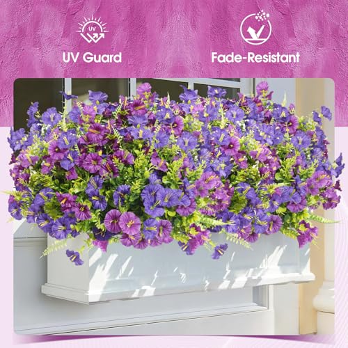 Artificial Morning Glory UV Resistant 36 pcs Purple Spring Artificial Flowers Outdoors, Realistic Faux Silk Morning Glory Fake Morning Glory Plants for Garden Porch Planters Window Wedding Decor - color: Purple＆ Fuchsia（with Green Ferns）, size: 36 pcs