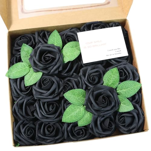 Artificial Flowers 50 Pack Black Faux Foam Roses with Stems, Real Looking Fake Rose for DIY Wedding Bouquets, Bridal Shower Centerpieces, Party Table Decorations, Home Decor - color: Black, size: 50Pcs