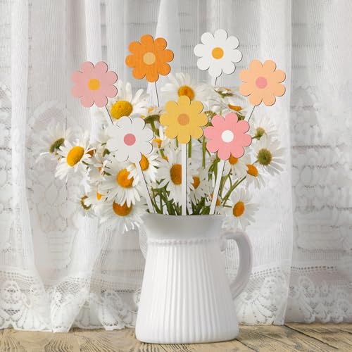 TICIAGA Boho Daisy Wooden Picks - 14PCS Spring Flower Wooden Decorative Pick for Home Vase Filler Boho Colorful Daisy Floral Picks for Flower Arrangements Summer Theme Farmhouse Decorations for Home - color: Daisy
