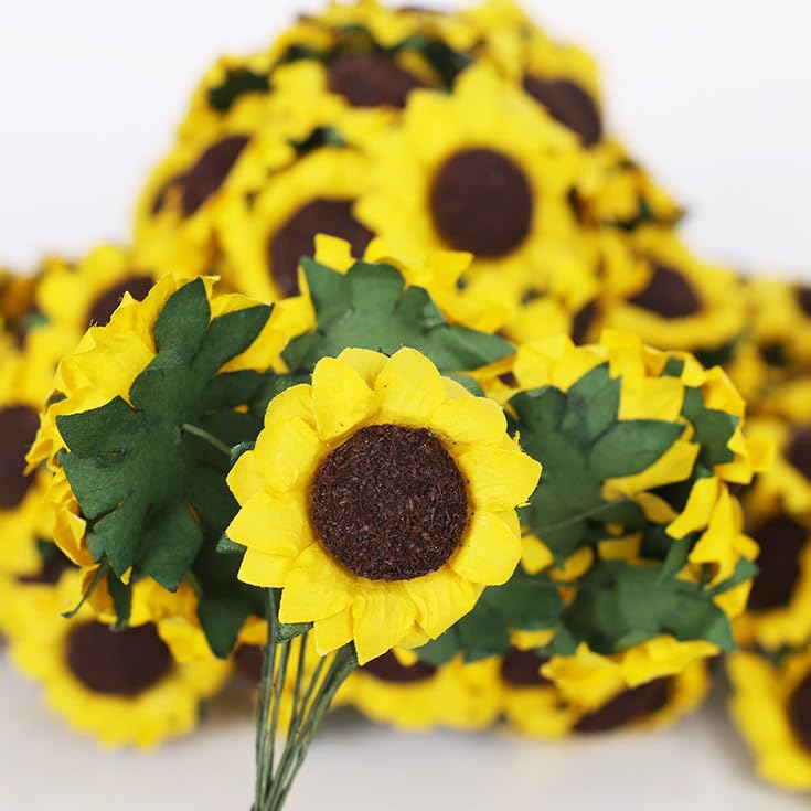 100 pcs Mini Yellow Sunflowers, 1.2" Tiny Fake Flowers with10 Yard Hemp Rope, Miniature Flowers for Crafts, Miniature Flowers for Dollhouse, for Gift Decoration,Dining Table Decoration - color: Yellow Sunflower