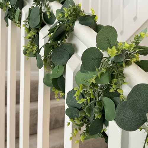 CQURE 3Pcs Eucalyptus Garland,Artificial Eucalyptus Leaves Table Greenery Garland Wreath Vines for Wedding Party Table Fireplace Bedroom Wall Room Decor - size: 17.7 Ft without Flowers