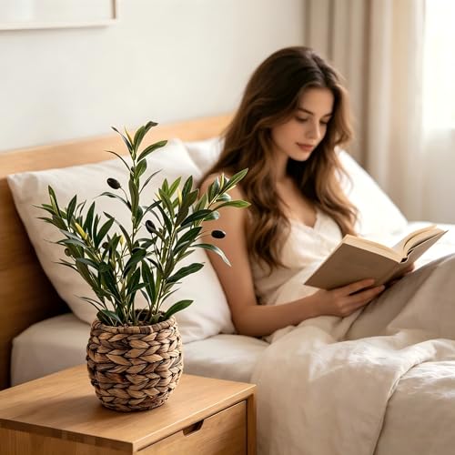 17.7" Small Boho Artificial Olive Plant, Faux Greenery in Brown Handwoven Rattan Basket, Ideal for Office Desk Kitchen Shelf Home Decor - color: Olive