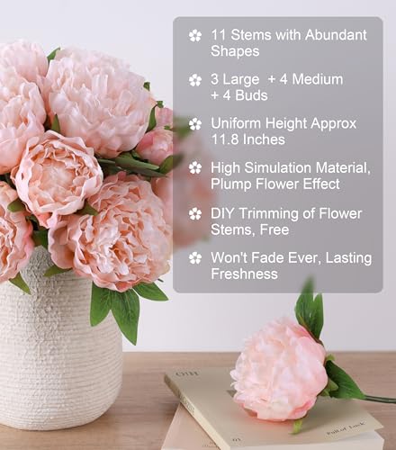 florisso Light Pink Peony Artificial Flowers - 11 Branches Silk Peonies for Vase Arrangements, Wedding Decor & Living Room Accents (Faux Flowers) - color: Peony-light Pink