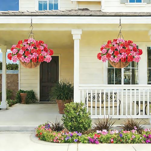 INSPRING Geraniums Artificial Flowers Hanging Basket for Outdoors Outside Spring Decoration, 8 Bundles Silk Flowers Fake Plants Look Real UV Resistant for Porch Home Patio Balcony Yard, Red Pink - color: Red Pink