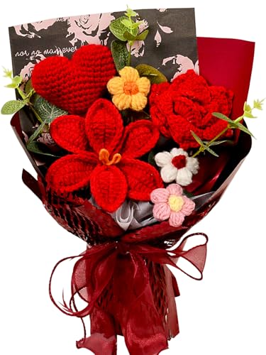 Crochet Flowers Bouquet - Crochet Tulips Roses Love Heart Daisies Knitted Flowers for Valentine's Day Anniversary Wedding Engagement Christmas Birthday Gifts Home Décor, Red - color: Z: Red - Love Heart