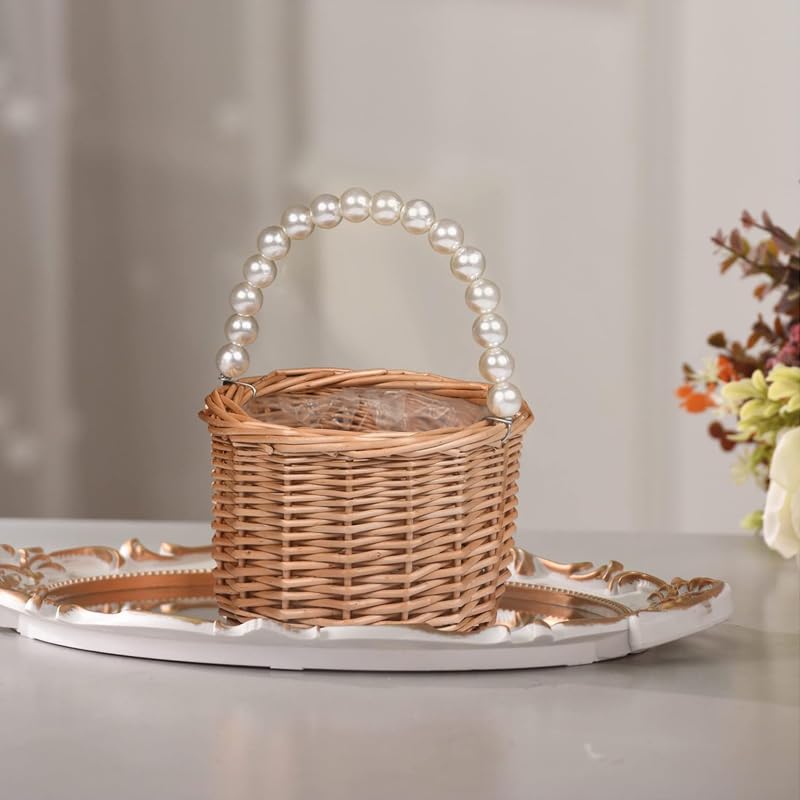 Wicker Rattan Flower Girl Basket,Pearl Handle Flower Basket,Flower Girl Basket for Wedding and Home Decorations.