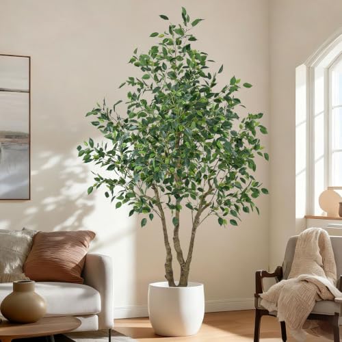 Artificial Ficus Tree 6.5ft - Tall Fake Indoor Tree with Lifelike Leaves and Realistic Trunks, 78 inch Faux Tropical Plant Artificial Floor Potted Trees for Home Living Room Office Porch Outdoor Decor
