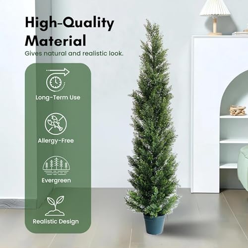 5 Feet Outdoor Artificial Topiary Cedar Tree, Set of 2 UV Resistant Potted Faux Cedar Trees for Outdoors and Indoors, Decorative Fake Shrubs Topiary Trees for Home Living Room Front Door Decor - size: 5ft