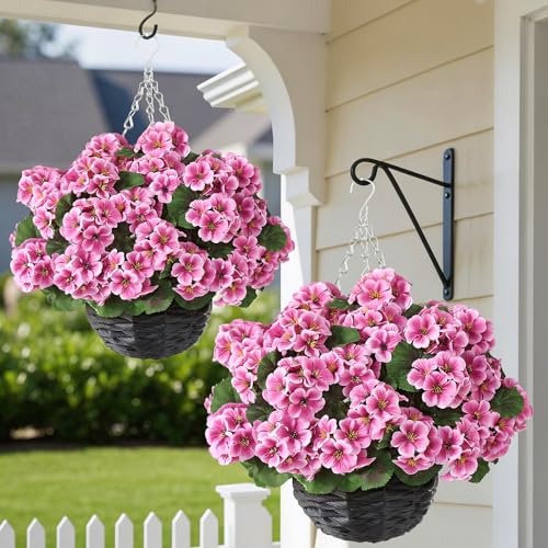 GLIDLION 2 Set Artificial Geraniums Flowers with Hanging Baskets for Outdoors - Sun Resistant Silk with Geranium Flowers, Fake Hanging Planters for Front Porch Garden Patio Home Decor (Pink) - color: Pink